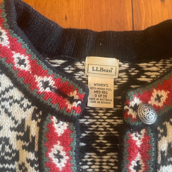 L.L. Bean Nordic Cardigan - Black, White, Red Accents - Picture 2 of 6